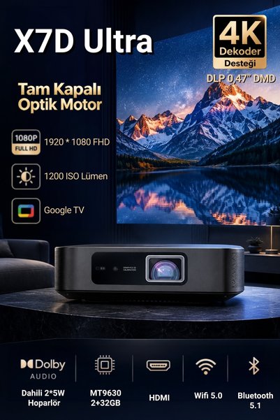 OBE X7D Ultra DLP Akıllı Projeksiyon Cihazı - Native 1080P Full HD, 1200 ISO ...
