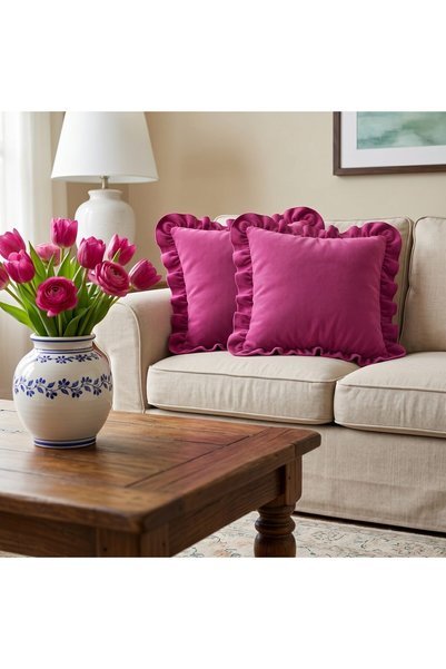 Bc Home غطاء وسادة مربع مكشكش من قطعتين باللون الفوشيا، ذو ملمس ناعم عتيق، إس...