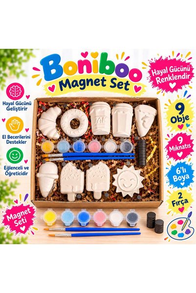 boniboo 9’lu Taş Tozu Magnet Boyama Seti | 9 Obje + 9 Mıknatıs + 6’lı Boya + ...