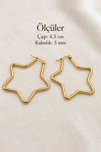 beus Kararmaz Yıldız Şeklinde Halka Küpe 316L Paslanmaz Çelik Gold 4 x 4 cm - Kadın