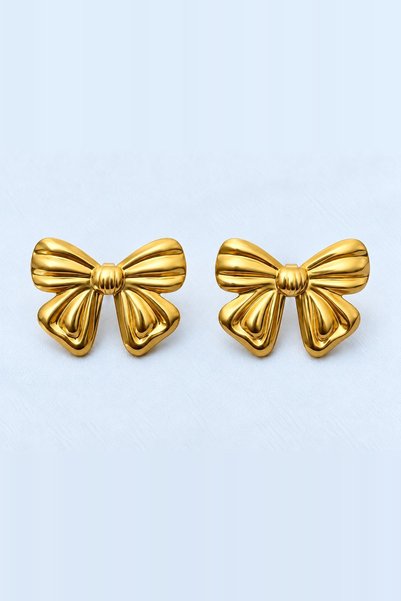 beus Kararmaz Kurdele Şeklinde Küpe 316L Paslanmaz Çelik Gold 2 x 2,5 cm - Kadın