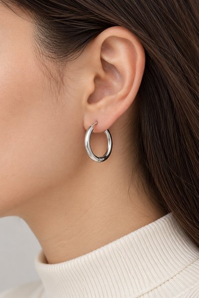 beus Halka Küpe 316L Paslanmaz Çelik Gümüş Renk 20 mm - Kadın