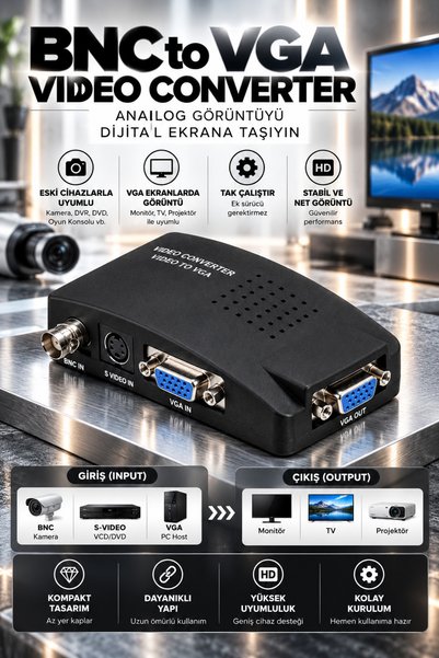 PEMBERTON Video Converter Video to VGA Dönüştürücü BNC S-Video VGA Giriş VGA ...