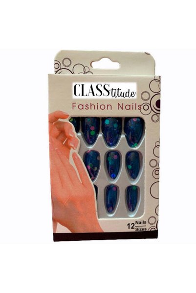 KESNUP Set de 12 unghii false autoadezive cu sclipici, albastre