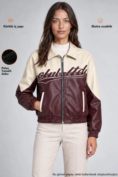 Freemen Women's Burgundy Double-Colored Oversize Faux Leather Jacket with Fur...