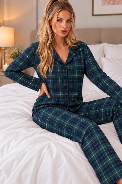 trendlina Cotton Buttoned Double Milan Pajama Set with Plaid Pattern