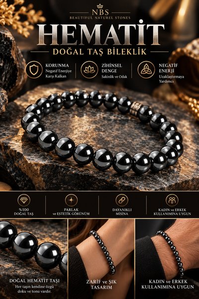 NBS Beautiful Naturel Stones Doğal Taş Hematit Şık Unisex Bileklik 8 Mm