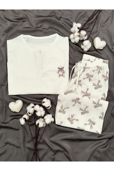 Lena Homewears طقم بيجامة منقوشة بأكمام طويلة وشريط إكرو