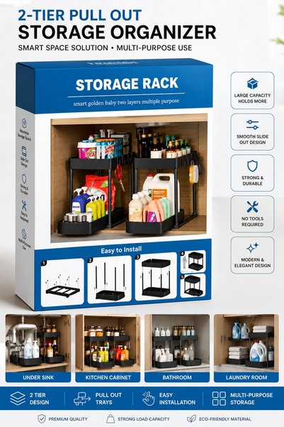 GENERAL Non-Slip Under Sink Organizer, Multi-Purpose Organizer With Hooks & C...