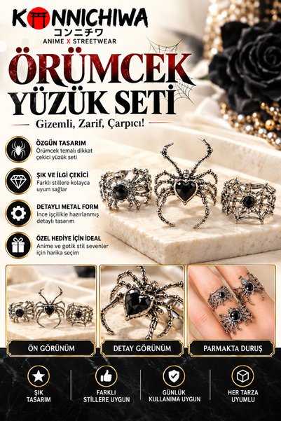FG KONNİCHİWA Örümcek Figürlü Siyah Taşlı 3'lü Yüzük Seti