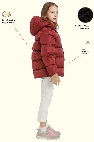 Freemen Children's Claret Red Fleece Fur Hooded Waterproof Wind Resistant Poc...