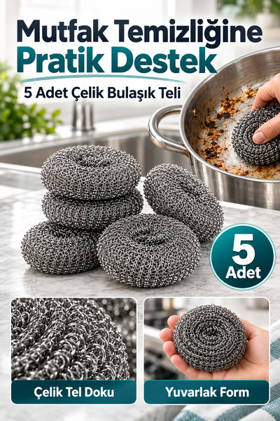 mucit home 5 Adet Paslanmaz Çelik Çizmez Bulaşık Tel Süngeri Kolay Kullanım M...