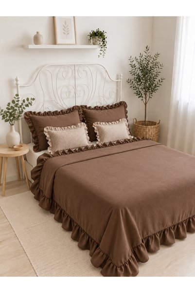 Decamor home İnci Fırfırlı Kahverengi Yatak Örtüsü Seti Çift Kişilik