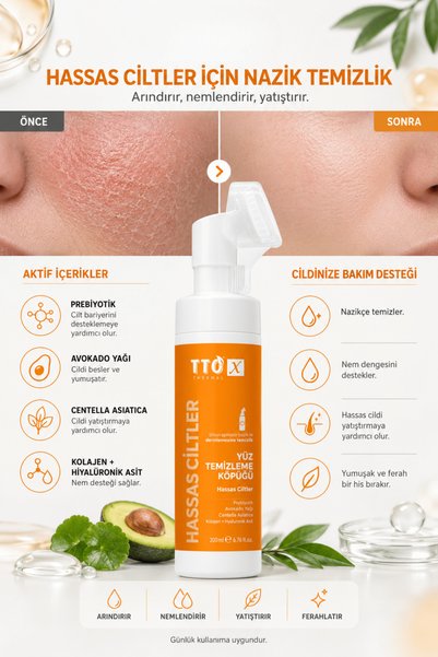 TTO Yüz Temizleme Köpüğü Nazik Temizleyici 200 ml Prebiyotik ve Kolajen X Aplikatörlü Hassas Ciltler