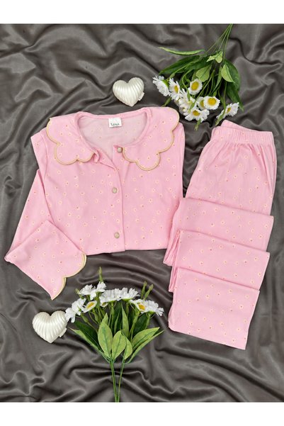 Lena Homewears طقم بيجامة بيرلين كاشكورس بأكمام طويلة وياقة متموجة منقوشة بال...