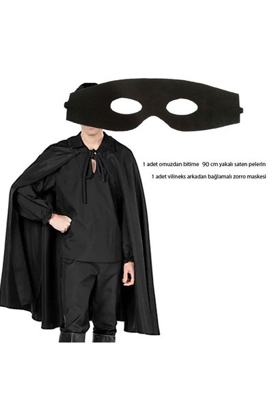 partidolu 90 cm Siyah Renk Yakalı Pelerin ve Vinleks Zorro Maskeli Set halloween