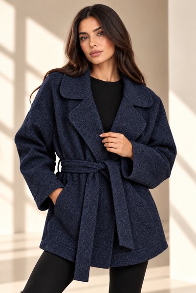citycenterfashion Kadın Yakalı Ön Kuşak Bağlama Kaşe Ceket cty-abr-9061