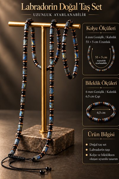 OSMANLI GÜMÜŞ Men's Labradorite Hematite and Onyx Necklace and Bracelet Set w...