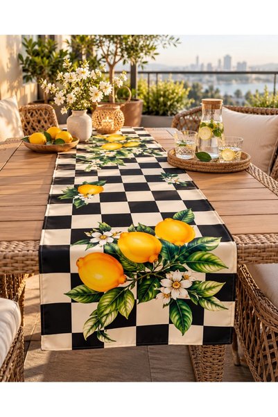 Sunumluxe Siyah Beyaz Damalı Limon Desenli 45x140cm Masa Runnerı