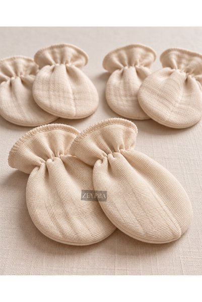 ZEYPBA 4 Layer Muslin Newborn Baby Gloves 3 Pairs 6 Pieces Ecru Cotton
