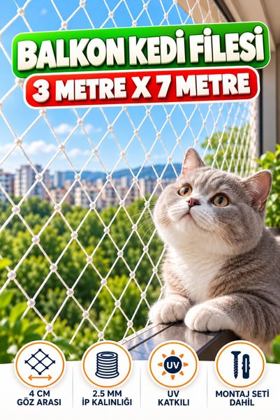 KONAK FİLE 3 METRE x 7 METRE Balkon Kedi Koruma Önleme Engelleme Filesi Güvenlik Güvenliği Koruması Ağı