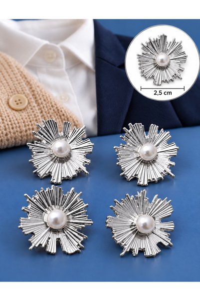 İMREN AKSESUAR Silver Plated Metal Button 2.5 cm with Pearl 1 Pack 4 Pieces