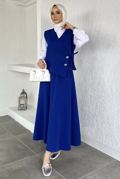 TOZLU Elastic Waist Skirt, Stoned Vest, Hijab Three-Piece Set