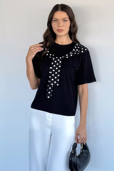 TOZLU Women's Polka Dot Scarf Detailed T-Shirt