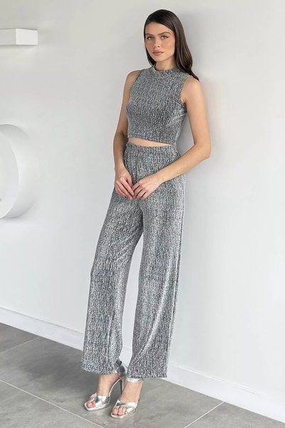 TOZLU Night Sparkle Glitter Detailed Blouse and Trousers Double Set