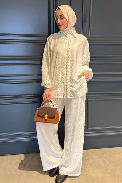 TOZLU Scalloped Sleeve Elastic Shirt Pants Hijab Double Set