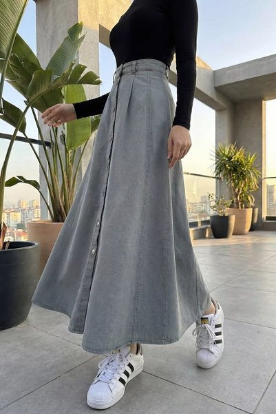 TOZLU Hijab Full Length Buttoned Pleated Jean Denim Skirt