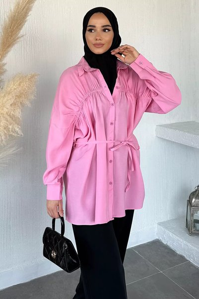 TOZLU Women's Front Gathered Detailed Waist Tie Hijab Tunic