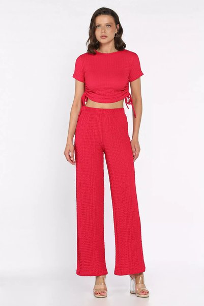TOZLU Women's Self-Patterned Side Gathered Blouse and Trousers Two-Piece Set