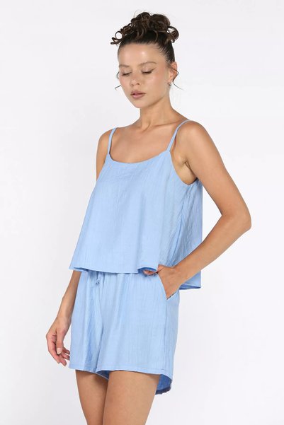 TOZLU Women's Adjustable Strap Blouse Elastic Waist Shorts Two-Piece Set