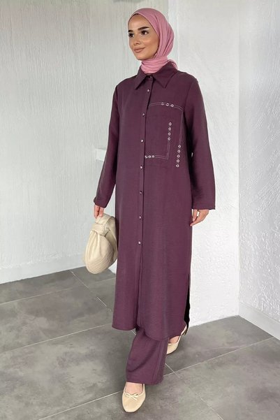 TOZLU Hijab Elastic Waist Pants and Buttoned Tunic Double Set