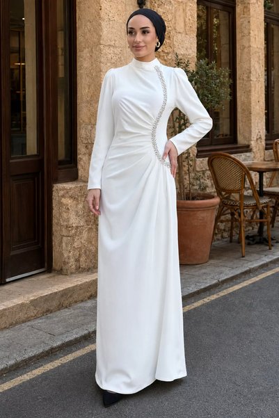 TOZLU Women's Stone Embellished Draped Plus Size Hijab Evening Dress