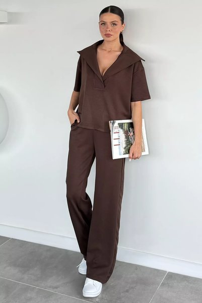 TOZLU Women's Polo Collar Blouse and Elastic Waist Pants Two-Piece Set