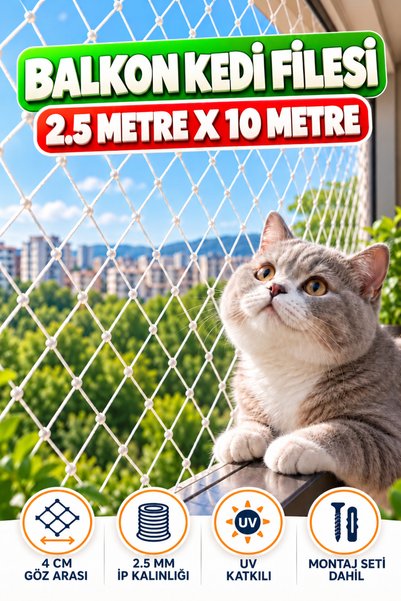 KONAK FİLE 2.5 METRE x 10 METRE Balkon Kedi Koruma Önleme Engelleme Filesi Güvenlik Güvenliği Koruması Ağı