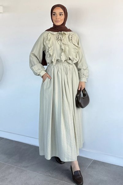 TOZLU Elastic Waist Skirt, Front Ruffled Blouse, Hijab, Two-Piece Set