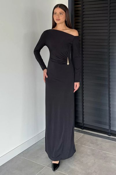 TOZLU Women's Off-Shoulder Gold Buckle Draped Lycra Dress