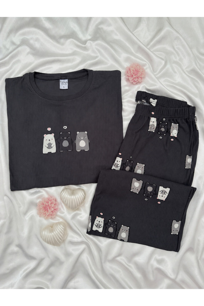 Lena Homewears Gray Teddy Bear Patterned Crew Neck Pajama Set