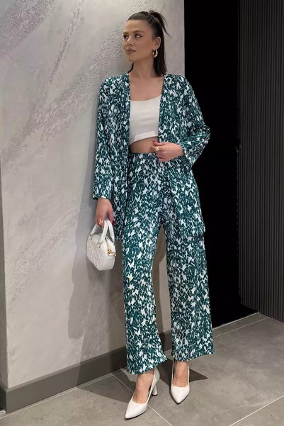 TOZLU Women's Patterned Kimono Pants Double Set