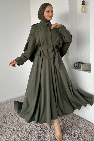 TOZLU Jacket with Cape and Belt, Skirt, Hijab, Two-Piece Set