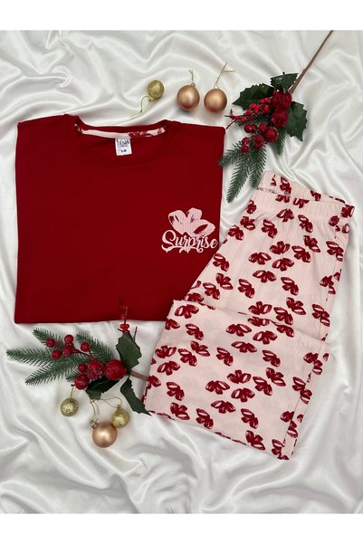 Lena Homewears Burgundy Surprise Ribbon Patterned Crew Neck Pajama Set