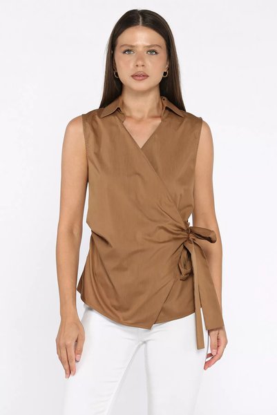 TOZLU Women's Double-Breasted Collar Blouse with Side Tie Detail