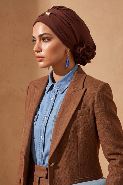 Aisha's Design عمامة جاهزة مع إكسسوارات، بني، HT-95