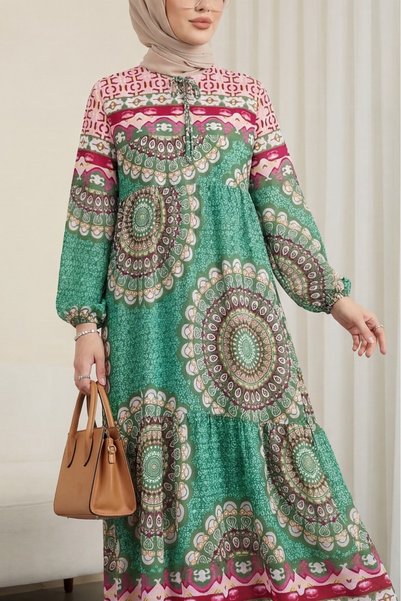 Modamorfo Rochie cu imprimeu parțial, cu șireturi și mâneci elastice - verde