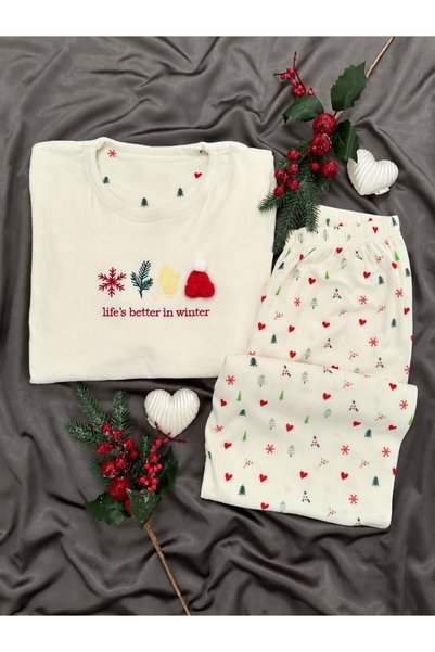 Lena Homewears طقم بيجامة من المخمل الفرنسي بنقشة عيد الميلاد باللون الإكرو