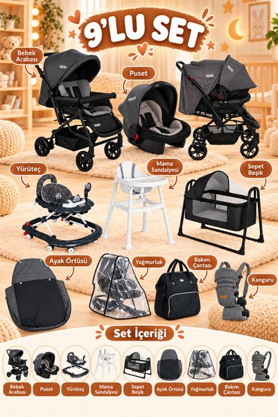 Calvin Baby 9 Parça Bebek Çeyiz Seti Bebek Arabası Puset Beşik Yürüteç Mama Sandalyesi Kanguru Bebek Çantası