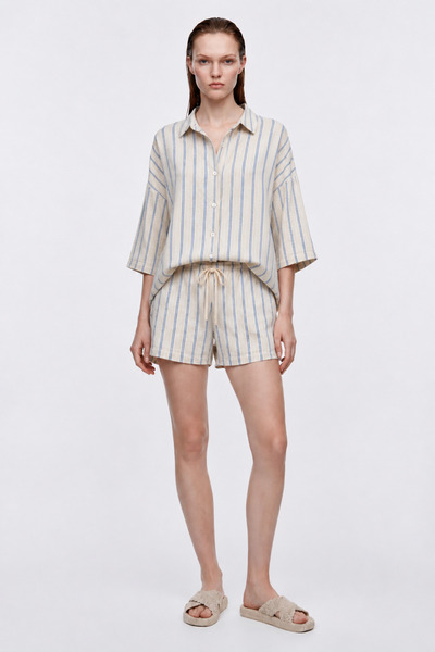 HAKKE Linen Blend Shirt and Waist Elastic Lace-Up Shorts Set